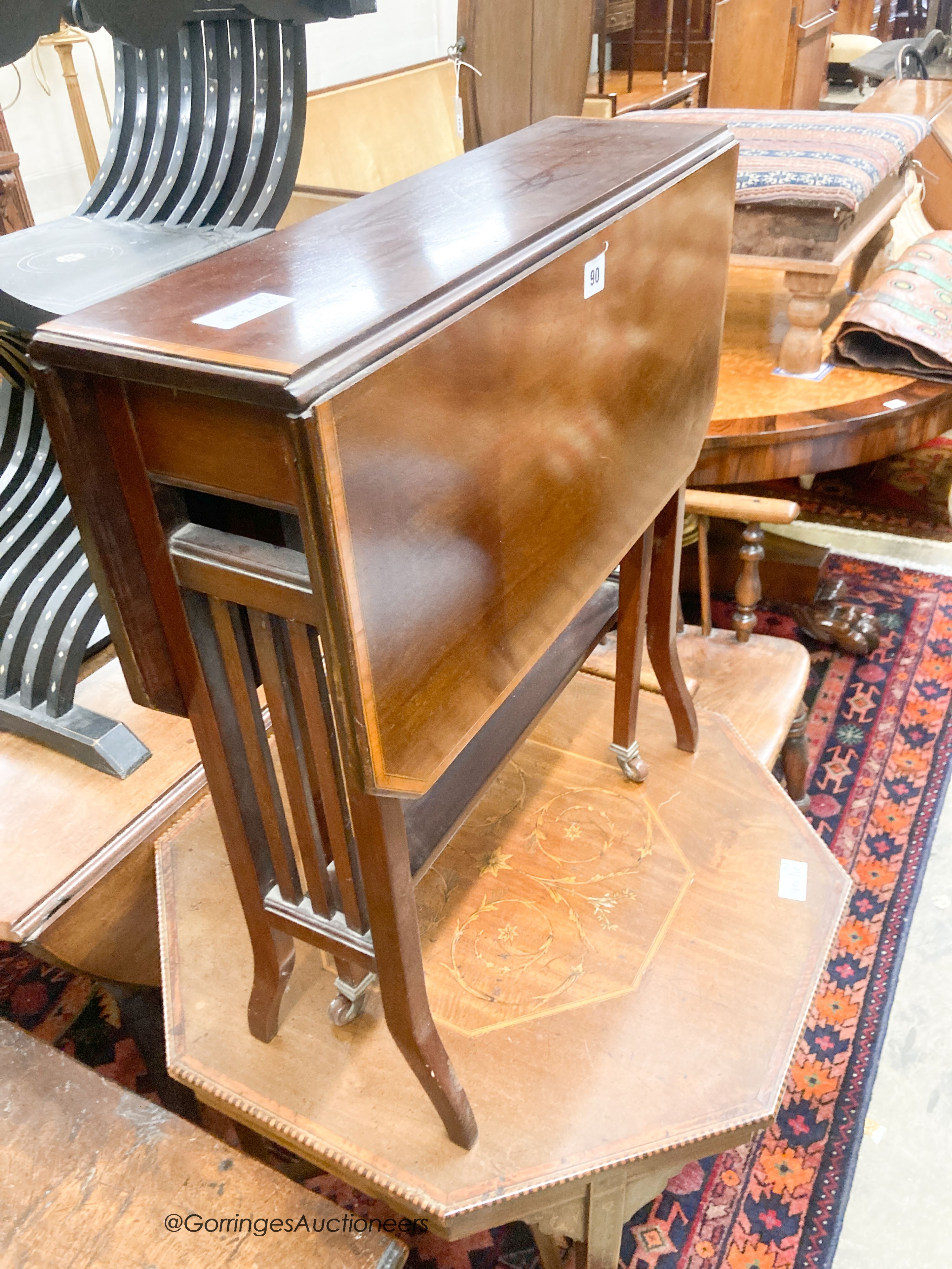 An Edwardian satinwood banded mahogany Pembroke table, height 66cm, together with an Edwardian marquetry inlaid octagonal centre table, width 69cm, height 68cm